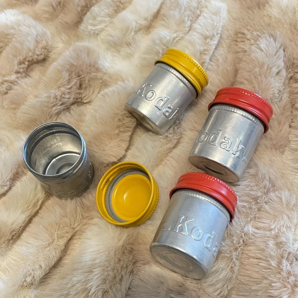 Kodak Silver vintage film Canisters with Vibrant Lids